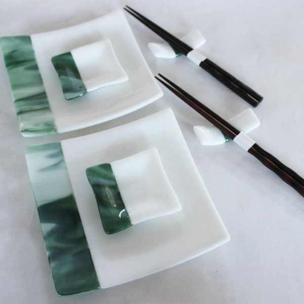 SUSHI SET - Emerald Green Marbled Glass Dishes, Japanese Dinnerware, Gift Under 75, Wedding Gift, Gourmet Gift, Sushi, Dish, Sushi Plate