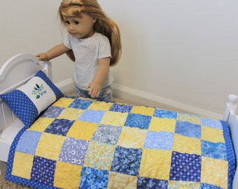 Handmade Doll Quilt and Pillow Set, Doll Quilt for Sale, Patchwork Quilt, Doll Bedding, Blue Yellow Doll Quilt, Birthday Gift under 35