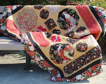 Geishas in the Garden Handmade Quilt, 60x72, Japanese Style Floral Quilt, Red Black Gold Quilt, Asian Accent Quilt, Large Throw Quilt