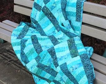 Batik Quilt, 57x66, Handmade Teal Turquoise Quilt, Quilted Throw, Cozy Quilt, Wedding Gift, Mothers Day Gift, Graduation Gift Idea