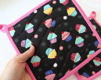 Handmade Cupcake Potholders, Pan Holders, Square Quilted Hot Pads, Cupcake Party Potholders, Novelty Cupcake Decor, Birthday Cake Potholders