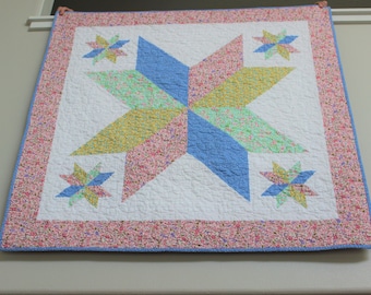 Handmade Big Star Quilt, 44x44, Baby Quilt, Lap Quilt, Baby Crawl Quilt, Gift for Mom, Pastel Girl Star Quilt, Throw Quilt with Stars