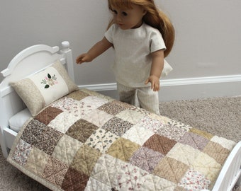 Handmade Doll Quilt for Sale, Tan Doll Quilt Pillow Set, Quilt for Doll Bed, Neutral Patchwork Quilt, American Girl Bedding, Cream Tan Quilt