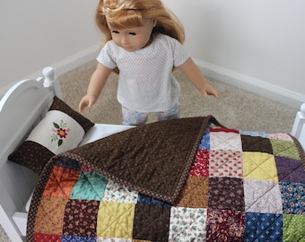 Handmade Patchwork Doll Quilt Pillow Set, Old Fashioned Quilt, Fits American Girl, Doll Bed Blanket, Doll Accessories, Cozy Quilt for Dolls