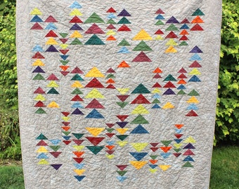 Handmade Quilt, 56x65 Modern Quilt, Gender Neutral Quilt, Unique Wedding Gift, Gift for Mom or Dad, Flying Geese Quilt, Functional Art Quilt
