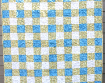 Handmade Gingham Style Quilt, 55x62, Casual Quilted Throw, Summer Quilt, Floral Home Decor, Gift for Her, Cotton Quilt, Cottage Style Quilt