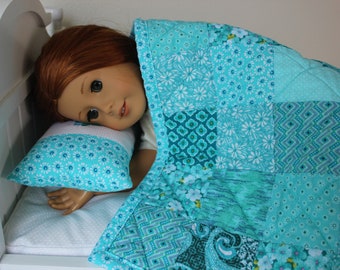 Aqua Handmade Doll Quilt and Pillow, Doll Quilt for Sale, Patchwork Doll Quilt, Doll Bedding, Birthday Gift, Quilted Doll Blanket and Pillow