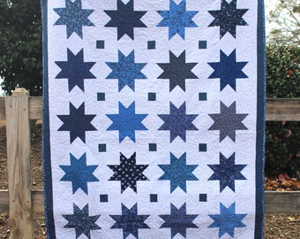 Handmade Blue White Star Quilt, Quilt with Stars, Patchwork Quilt for Sale, Wedding Gift, Graduation Gift, Gift for Her, Reach for the Stars