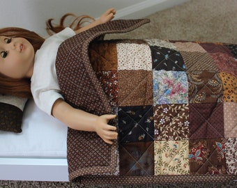 Handmade Doll Quilt and Pillow, Brown Doll Quilt, Doll Bed Set, Fits American Girl, Quilts for Sale, Patchwork Doll Quilt, Birthday Gift