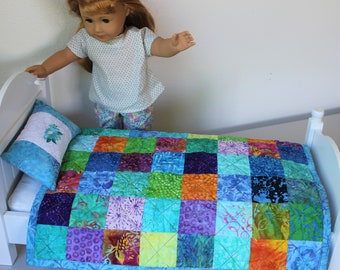 BATIK Handmade Doll Quilt and Pillow for Sale, American Girl Size Doll Bedding, Tropical Quilt in Bright Colors, Birthday Gift for Kids