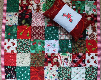 CHRISTMAS Handmade Doll Quilt and Pillow, Quilts for Sale, Doll Bedding, American Girl Size, Home Decor for Dolls, Decorating for Christmas