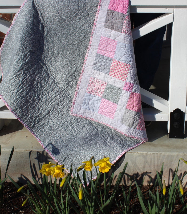 Pink Gray Grey Quilt Lightweight Summer Quilt Floral Geometric Home Decor Accent Handmade Patchwork Quilt Baby Toddler Crib Crawl Quilt