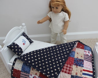 Handmade Doll Quilt and Pillow, Patriotic Quilt, Quilt for Sale, American Girl Size Doll Quilt, Red White Blue Quilt, Doll Bed Quilt Bedding