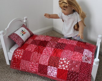 Red Doll Quilt and Pillow Bedding, Handmade Doll Quilt for Sale, Birthday Gift, Red Patchwork Quilt, Fits American Girl Doll, Gift for Kids