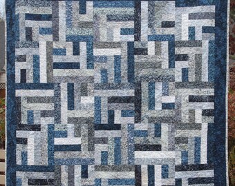 Handmade Modern Batik Quilt, 64x64, Square Quilted Throw, Quilt for Sale, Masculine Quilt, Blue Gray Grey Quilt, New Home Gift, Sofa Throw