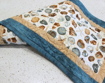 Seashell Table Runner, Quilted Table Linen, Dresser Scarf, Table Runner for Sale, Beach House Decor, Nautical, Seashell Table Topper