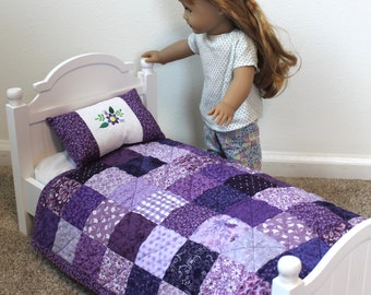 Handmade Doll Quilt for Sale, Purple Doll Blanket, Fits American Girl, Bunk Bed Doll Bedding, Purple Quilts for Sale, Quilt and Pillow Set