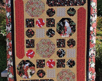 Geisha in the Garden Handmade Quilt, 60x72, Japanese Style, Japanese Garden, Accent Quilt, Large Throw Quilt, Gift for Her, Elegant Gift