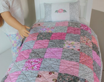 Handmade Doll Quilt and Pillow Set, Quilt for Sale, Doll Bedding, American Girl Size, Quilt for Doll Bed, Doll Blanket, Pink Gray Grey Quilt