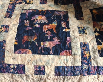 Batik Quilt, 60x60, Handmade Wildlife Quilted Throw, Gift for Him, Rustic Cabin Decor, Outdoor Lover Quilt, Cozy Quilt, Gift for Outdoorsman