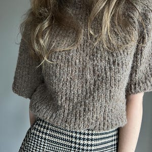 Könnte beinhalten: Ein brauner, flauschiger Pullover mit kurzen Ärmeln und einem Stehkragen. Der Pullover wird mit einem schwarz-weiß karierten Rock kombiniert.