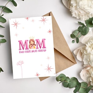 Mama unsere erste beste Freundin Gedicht Karte, druckbare Muttertagskarte, sofortiger Download, elegante Gedichtkarte für Mama, süße Mutter & Kinder Illustration