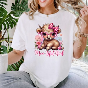 Moo-tiful Girl Highland Cow Shirt PNG, Cute Floral Cow PNG, Gift T-Shirt For Women-Children, Coquette Baby Cow Tee,Farm Animal Gift for Kids