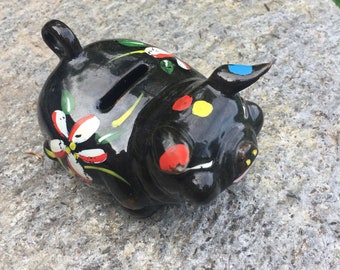 Vintage Tiny Piggy Bank Coin figure Clay Handmade Black with Rainbows Flowers
