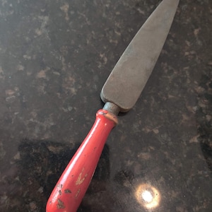 Antique Knife File with Red Painted Wood Handle Kitchen Sharpener Sharpening Stone
