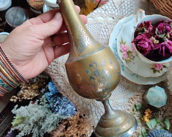 Vintage Solid Gold and Silver Brass Vase Carved Floral Flowers Tall Crown Top
