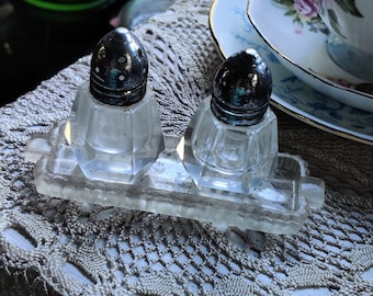 Set of 2 vintage Antique Pressed Glass Salt and Pepper Shakers with tray dish Shabby Chic Kitchen Dining Japan