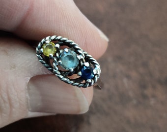Vintage Sterling Silver Mothers Ring Three Stone Gemstone Ring Size 6.5 Rope Twist Birthstone