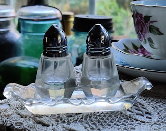 Set of 2 vintage Antique Pressed Glass Salt and Pepper Shakers with tray dish Shabby Chic Kitchen Dining