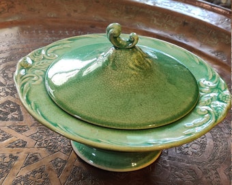 Large Vintage Green Glaze Pottery China Bowl Serving Crock Pot with Lid Jade Lime Leaf Flower Antique