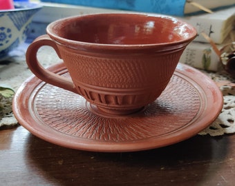 Vintage Earthen Brown Handmade Tea Coffee Mug Cup with Saucer Clay