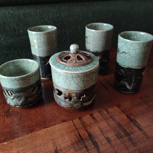 Vintage 6 Piece Somayaki Ware Cups Sugar Bowl Tall Short Japanese Gilded Hand Painted Water Plover Hearts Double Walled Ocean wave Large