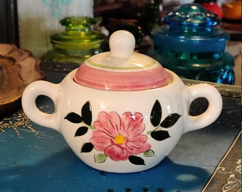 Vintage Stangl Pottery Wild Rose Flower Sugar Dish roses Floral Retro Teacup pink white Sugar Bowl