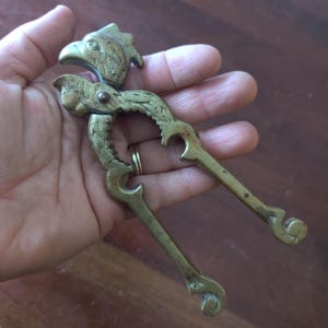 May include: A vintage brass nutcracker in the shape of a bird, with a detailed head and beak. The handles have a curved design. The nutcracker is held in a hand against a wooden background.
