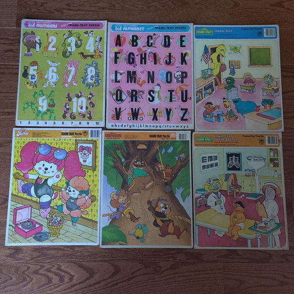 Lot of 6 Vintage Frame Tray Puzzles 1974-1984 Sesame Street Disney Chip 'n Dale Whitman Poochie