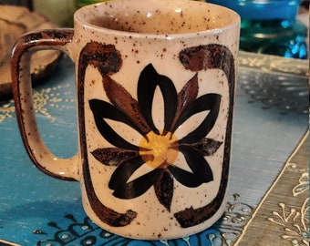 Vintage Hand Painted Brown and Yellow Flower coffee Tea Cup mug Daisy Sunflower Floral Retro