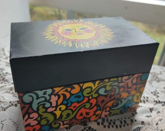 Vintage Recipe Box Metal Ohio Art Groovy Sun Face Moon Tin Retro Rainbow