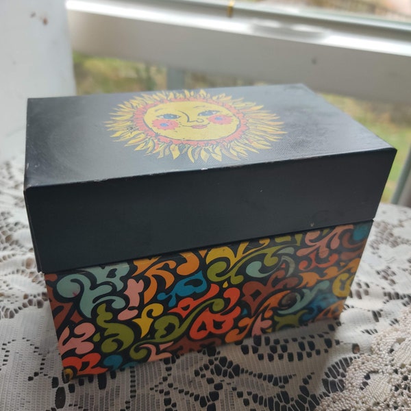 Vintage Recipe Box Metal Ohio Art Groovy Sun Face Moon Tin Retro Rainbow