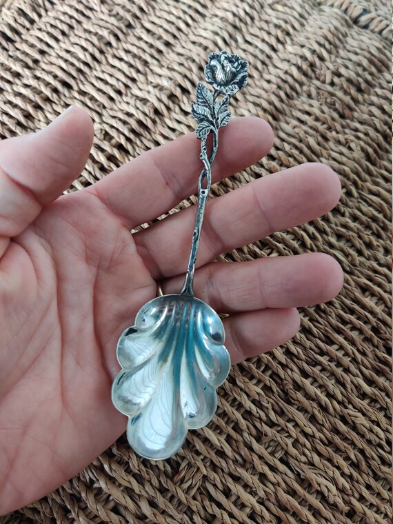Antique Sugar Spoon Rose Handle 835 Silver Stamped Germany Etsy