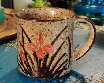 Vintage Brown and Orange Flower coffee Tea Cup mug Iris Floral Retro