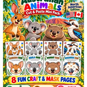 May include: Australian Animals Cut & Paste Mini Pack North American Edition featuring illustrations of a kangaroo, koala, wombat, and kookaburra. Includes 8 fun craft and mask pages, printable activity pages, and digital PDF for ages 3-7.