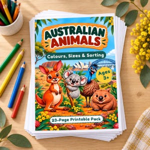 Può includere: Un pacchetto stampabile di 23 pagine intitolato Australian Animals: Colours, Sizes & Sorting. La copertina mostra un canguro, un koala, un emù e un vombato illustrati in un paesaggio australiano con l'Opera di Sydney. Include il testo Ages 3+.