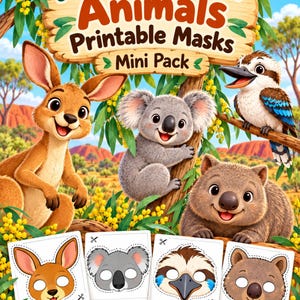 Puede incluir: Un conjunto de máscaras imprimibles titulado Australian Animals Printable Masks Mini Pack con ilustraciones de canguro, koala, cucaburra y wombat. Incluye cuatro plantillas de máscaras para niños de 3 a 7 años como descarga digital PDF.