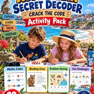Może przedstawiać: Zestaw zadań Australian Secret Decoder zawierający 20 stron do druku. Okładka zawiera tytuł, przedział wiekowy 5-9 lat oraz cztery karty z zadaniami zatytułowane Maths Codes, Reading Clues, Problem Solving oraz Fun Challenges.