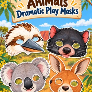 Australian Animal Masks Printable, Dramatic Play Set, Preschool Pretend Play PDF