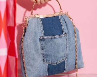 Bolso bandolera de mezclilla reciclada: bolso de mezclilla hecho a mano con cadena dorada